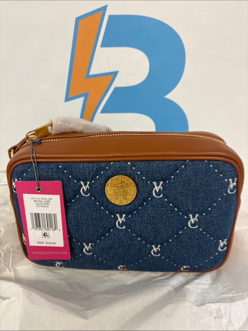 Vince Camuto Blue Denim and Brown Trim Crossbody Bag